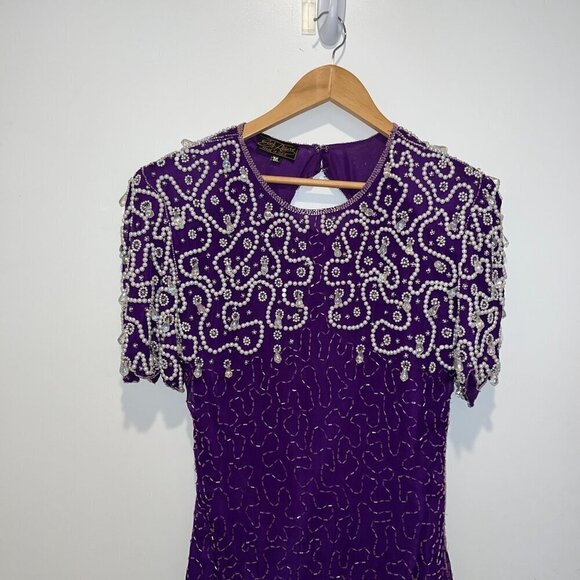 Vintage 1980s Purple Silk Beaded Sequin Cocktail Dress M - Picture 4 of 9
